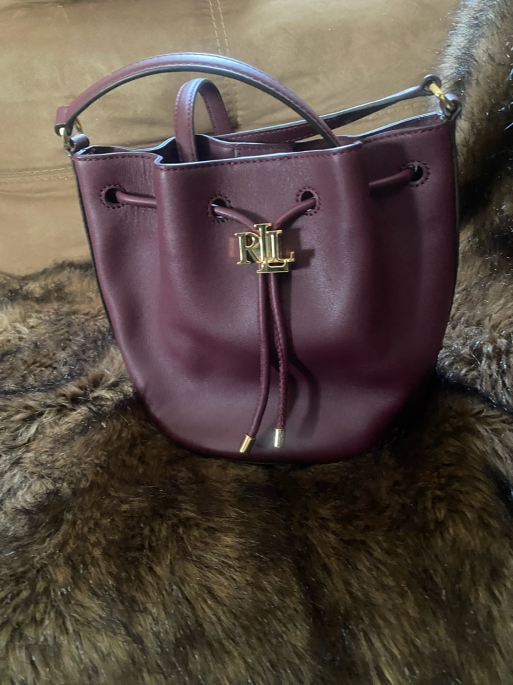 Ralph Lauren Maroon Leather Drawstring Bucket Bag with RL Logo small bag